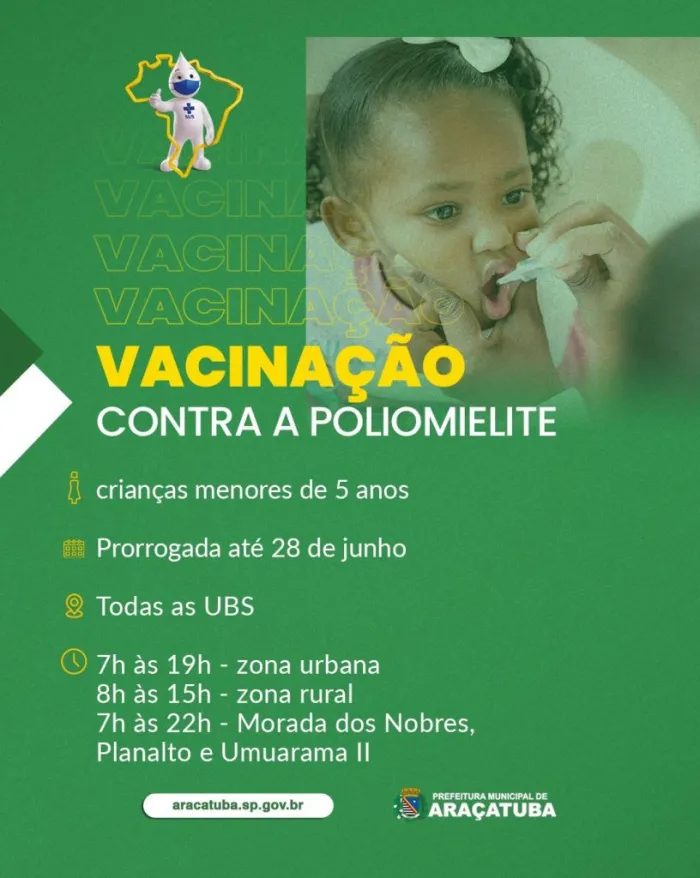 Campanha contra a poliomielite é prorrogada até 28 de junho