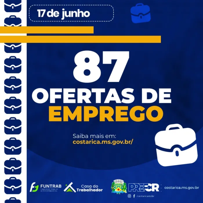 Casa do Trabalhador abre a semana com 87 vagas de emprego em Costa Rica