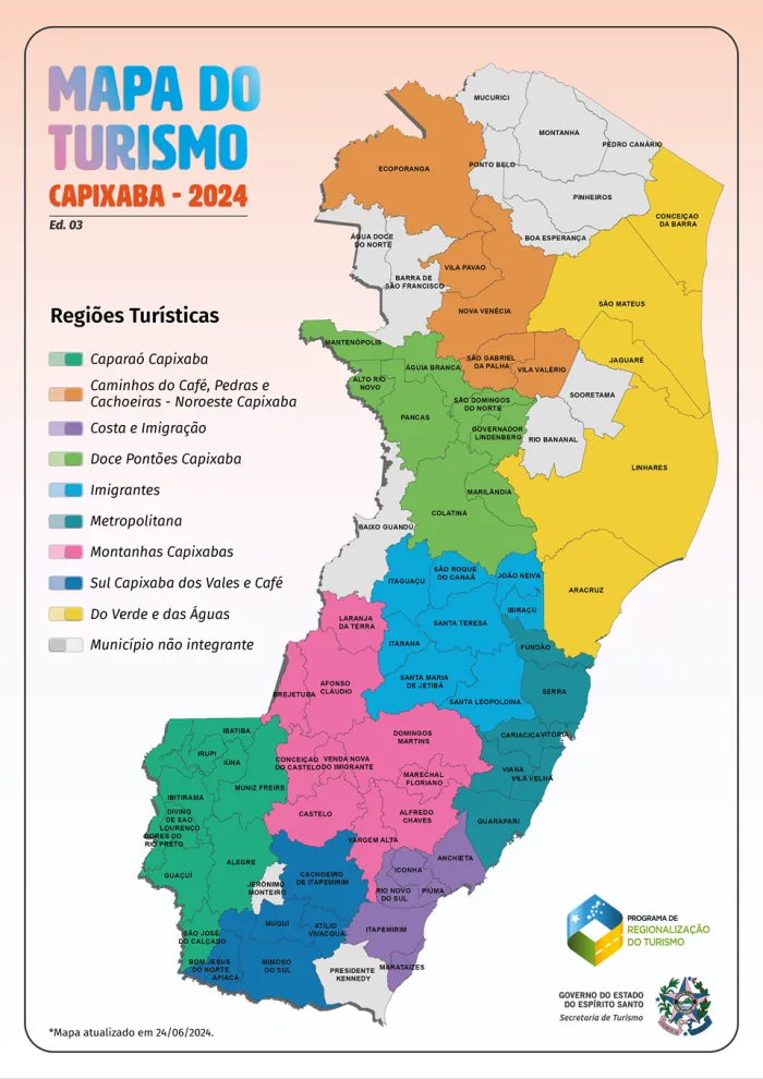 Espírito Santo tem 65 municípios no Mapa do Turismo 2024 com retorno de Linhares, São Gabriel da Palha, Piúma e Serra
