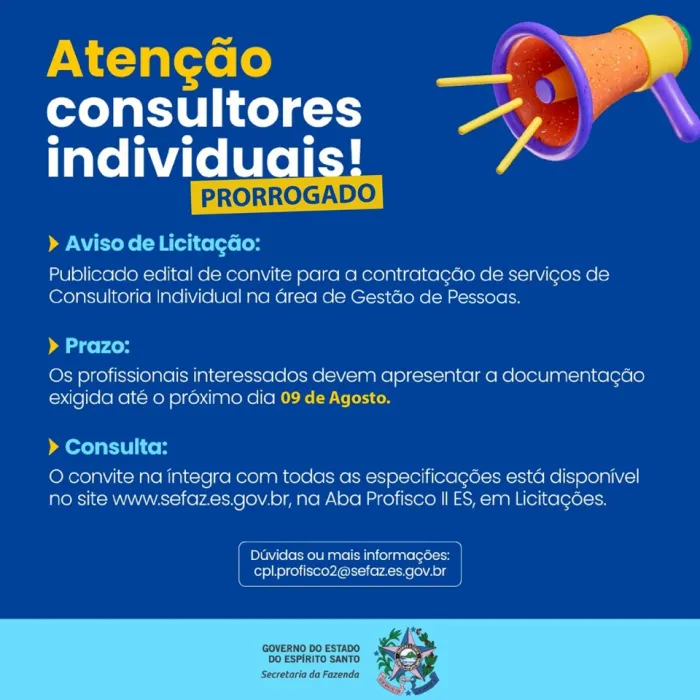 Prazo para contratação de consultor individual na área de Gestão de Pessoas é prorrogado