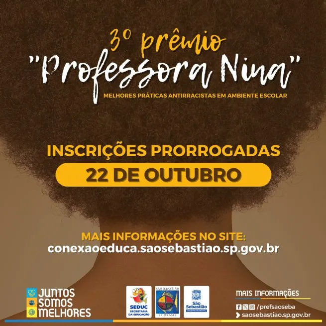 Educação de São Sebastião prorroga inscrições do 3º Prêmio ‘Professora Nina’ de práticas antirracistas