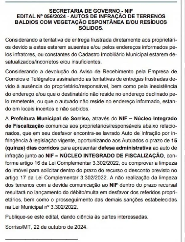 Foto: Reprodução/Prefeitura de Sorriso - MT