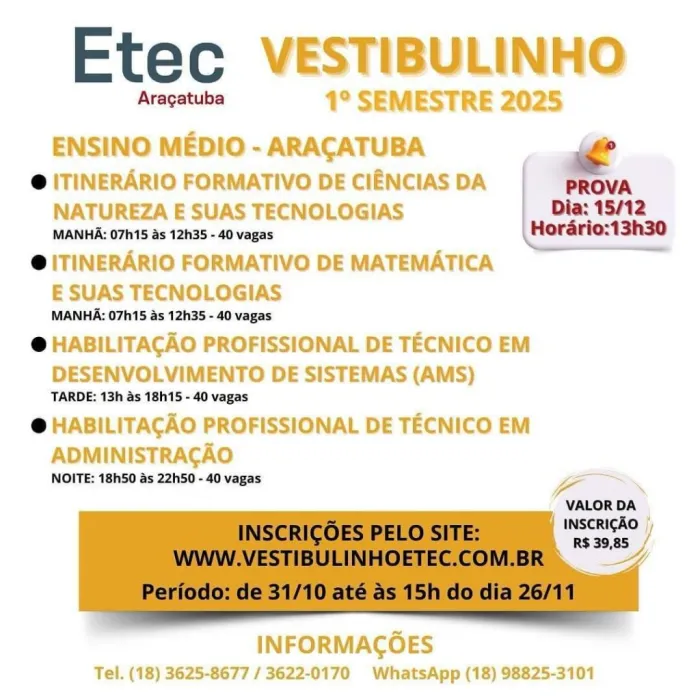 ETEC abre inscrições para o Vestibulinho do primeiro semestre de 2025