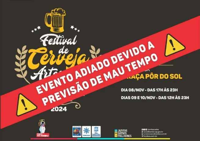 Festival de Cerveja Artesanal de São Sebastião 2024 é adiado por previsão de mau tempo