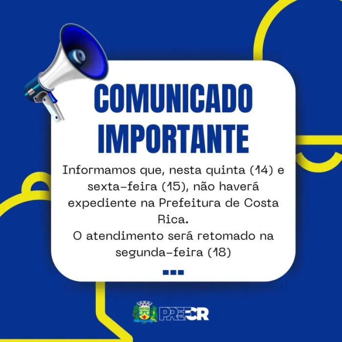 Prefeitura de Costa Rica não abre nesta quinta e sexta-feira por ponto...