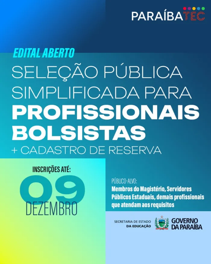 ParaibaTEC: Educação da Paraíba abre inscrições para processo seletivo de bolsistas