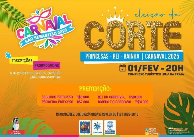 Eleição da Corte do Carnaval de São Sebastião 2025 tem inscrições prorrogadas para até 15 de janeiro de 2025