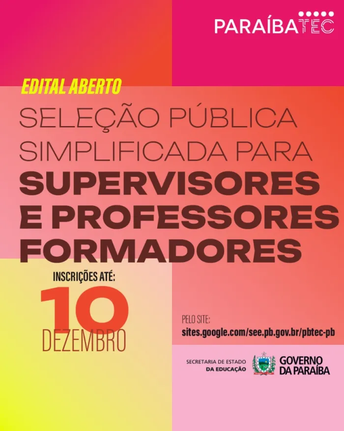 Secretaria de Educação da Paraíba lança edital para seleção de supervisores e professores formadores do ParaíbaTEC