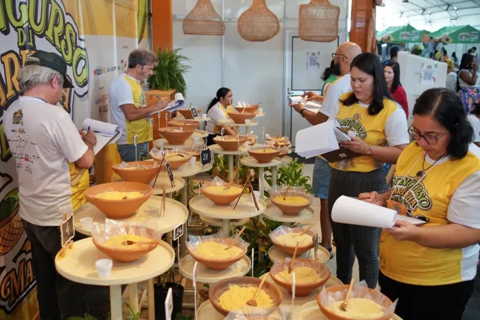 - Jurados técnicos avaliam as variedades de farinhas expostas no concurso para fazerem suas escolhas (Foto: Divulgação)