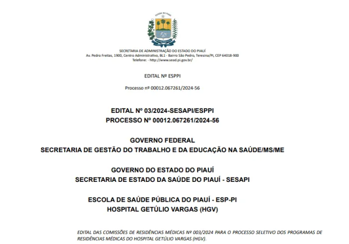Sesapi lança edital para residências médicas no HGV