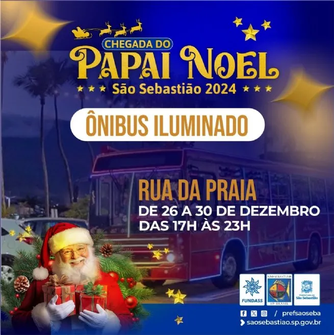 Ônibus Iluminado Natalino chega a São Sebastião e realiza passeios pelo Centro Histórico