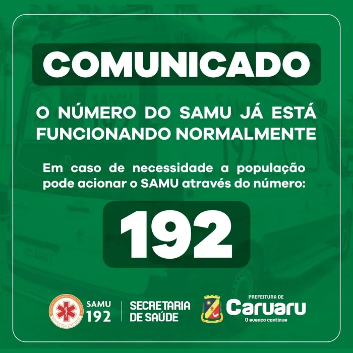 Nota Informativa – Número 192 do Samu Caruaru e Samu Agreste voltou a funcionar