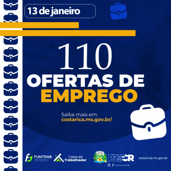 Casa do Trabalhador de Costa Rica tem 110 vagas de emprego disponíveis