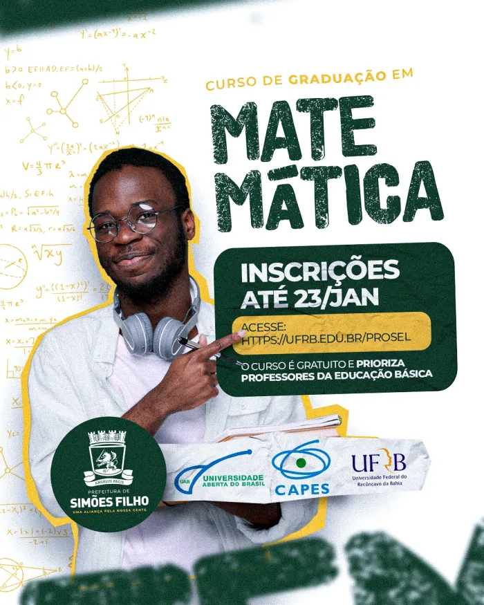 Simões Filho oferece curso gratuito de graduação em Matemática com inscrições abertas até 23 de janeiro