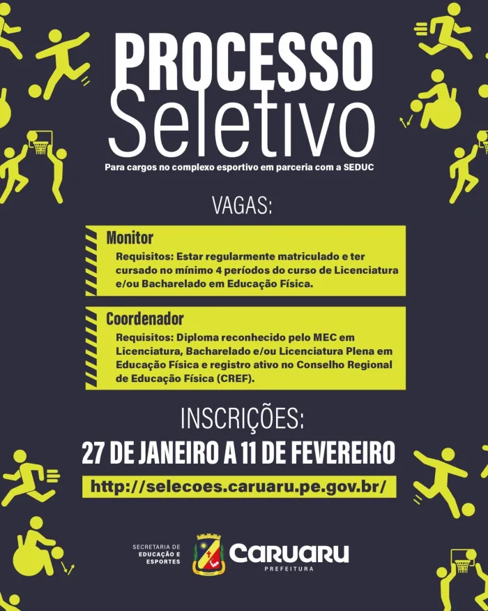 Prefeitura de Caruaru abre processo seletivo para o Centro de Formação Esportiva