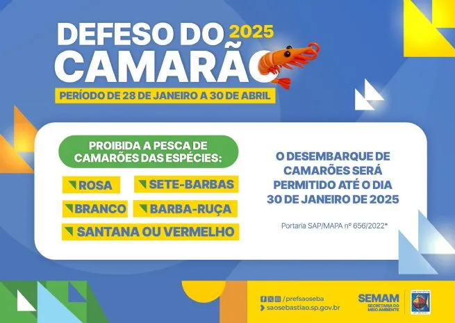 Secretaria do Meio Ambiente alerta para o período defeso do camarão