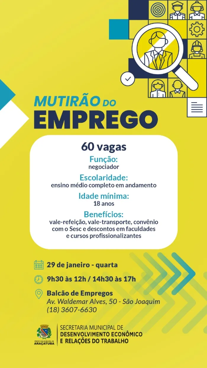 Mutirão para negociador em Araçatuba: 60 vagas