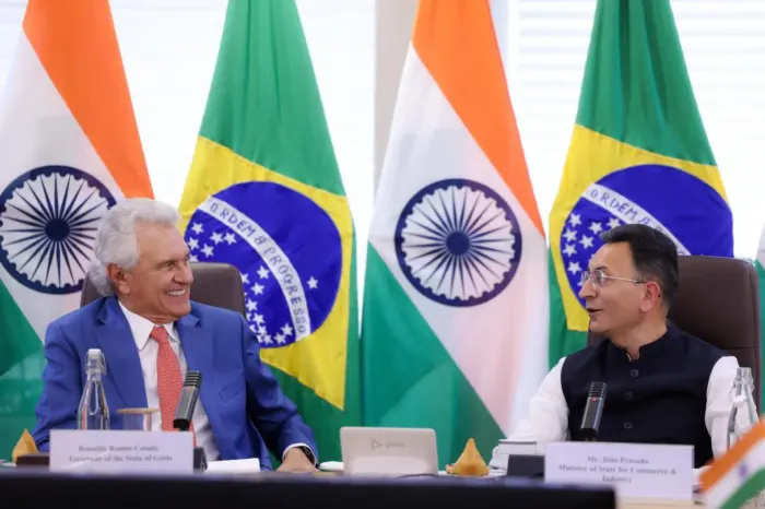 Governador de Goiás, Ronaldo Caiado, é recebido pelo ministro indiano de Comércio e Indústria, Jitin Prasada, em Nova Delhi (Fotos: Júnior Guimarães)