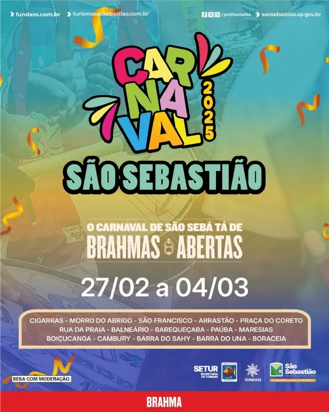 Prefeitura de São Sebastião divulga programação do Carnaval 2025 com mais de 100 atrações e 17 pontos de folia