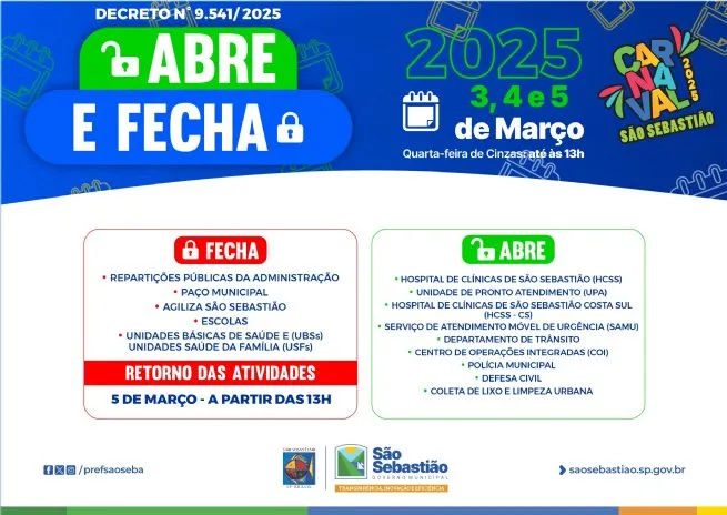 Serviços essenciais funcionam normalmente durante feriado prolongado de Carnaval em São Sebastião