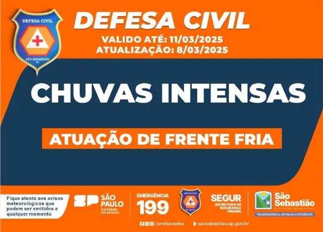 Defesa Civil alerta para chuvas intensas no Litoral Norte entre os dias 9 e 11 de março