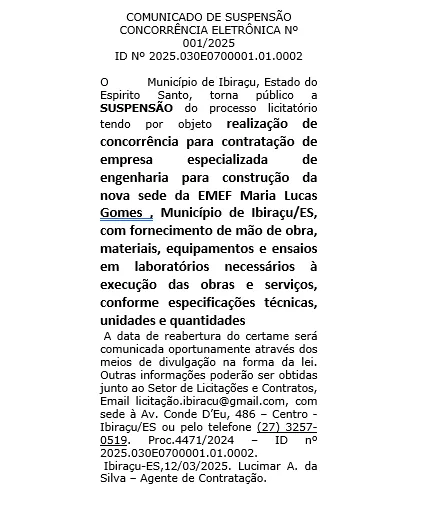 COMUNICADO DE SUSPENSÃO CONCORRÊNCIA ELETRÔNICA Nº 001/2025
