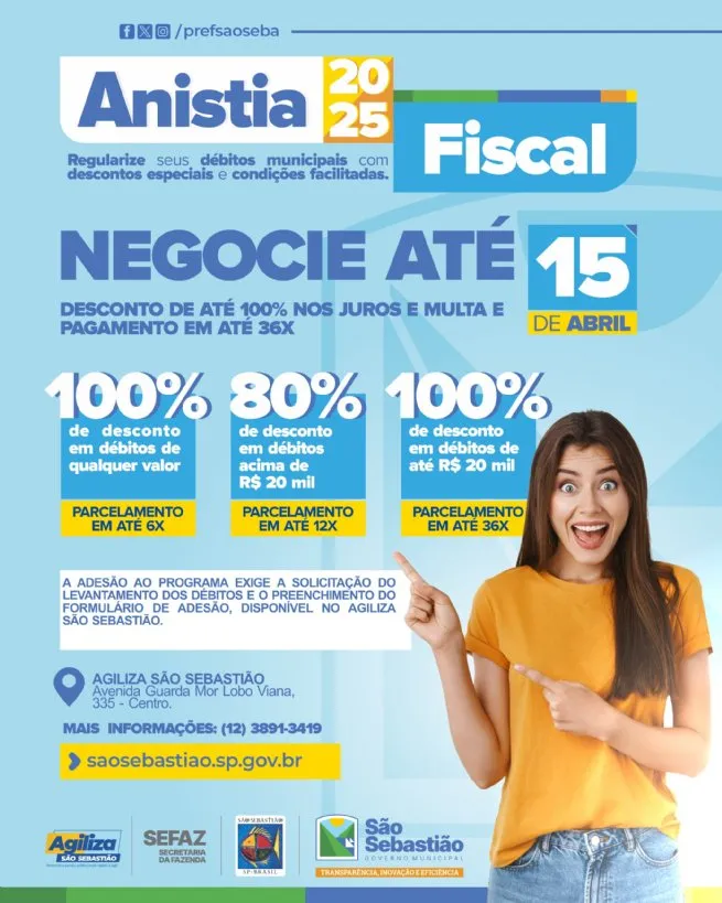 Prefeitura de São Sebastião lança Campanha de Anistia Fiscal com descontos especiais e condições facilitadas
