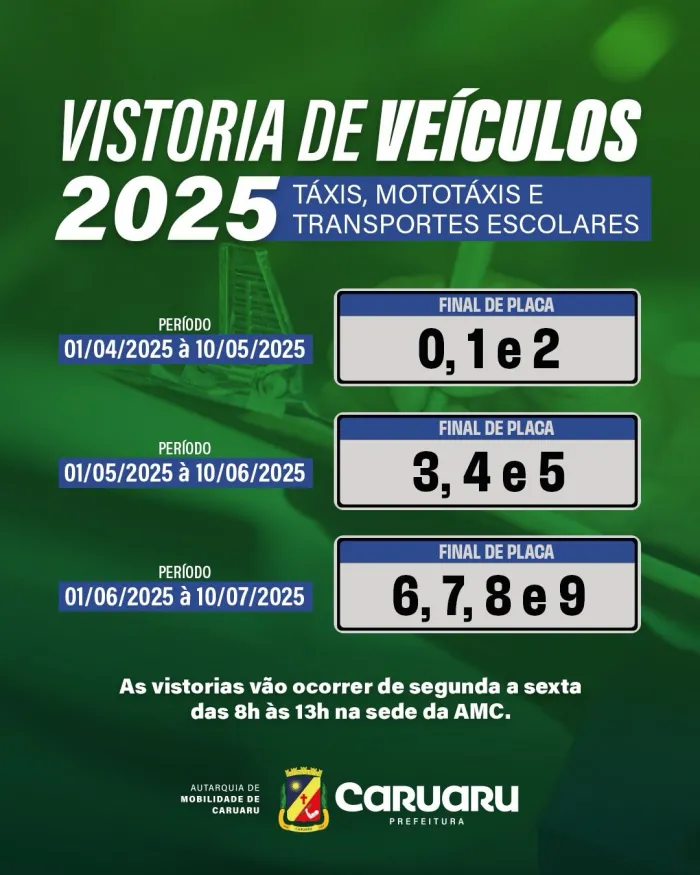 AMC divulga calendário de vistorias de veículos escolares, táxis e mototáxis em 2025