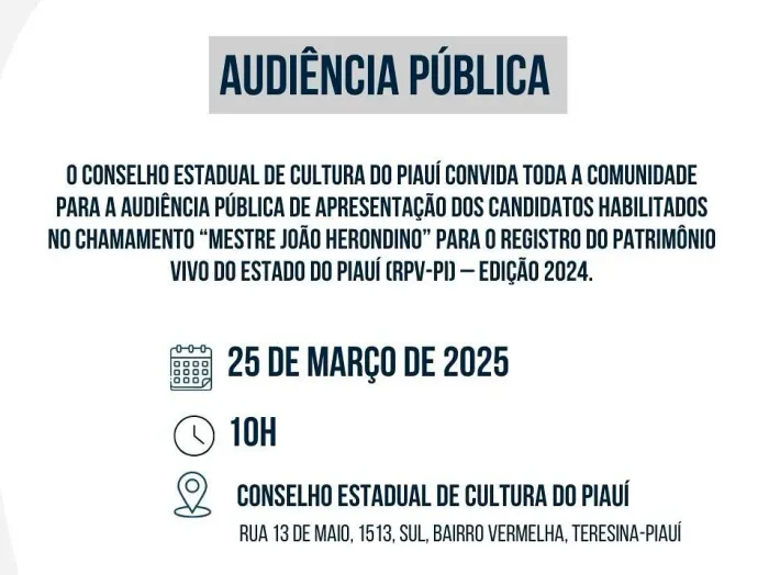 Conselho Estadual de Cultura do Piauí realiza audiência pública para apresentação dos candidatos ao Registro do Patrimônio Vivo