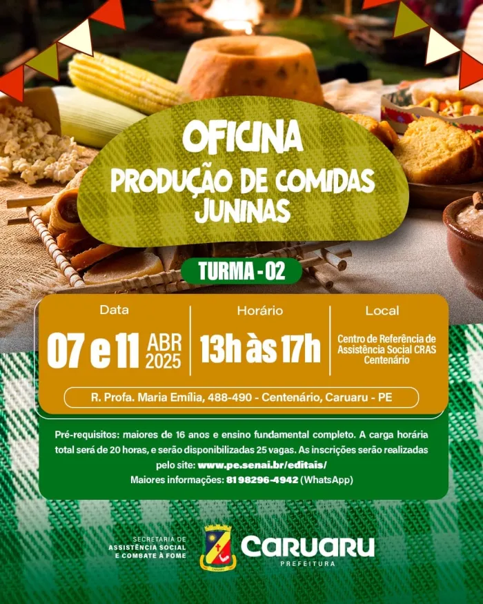 Prefeitura de Caruaru oferece oficina gratuita de comidas juninas