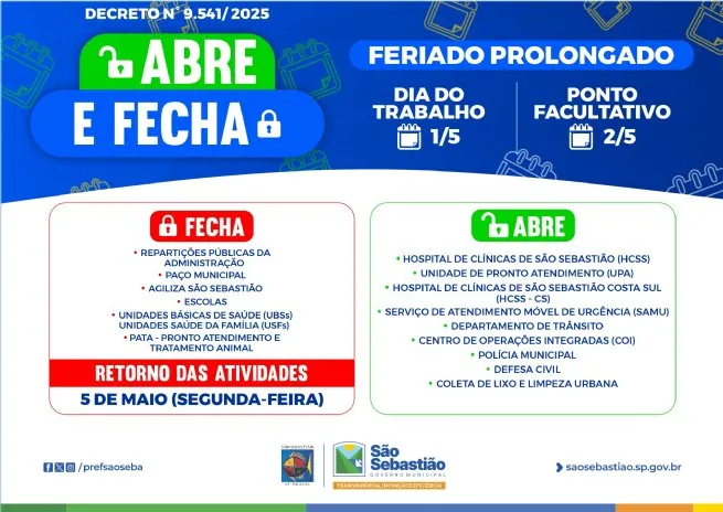 Prefeitura de São Sebastião divulga funcionamento dos serviços públicos no feriado de 1º de Maio