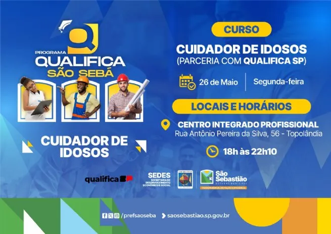 Curso gratuito de Cuidador de Idosos com Inclusão Digital está com inscrições abertas em São Sebastião