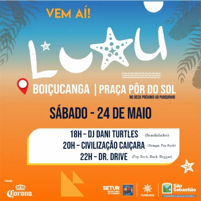 Luau Boiçucanga acontece neste sábado com apresentações do Dj Dani Turtles, Banda Civilização Caiçara e Banda Dr. Drive