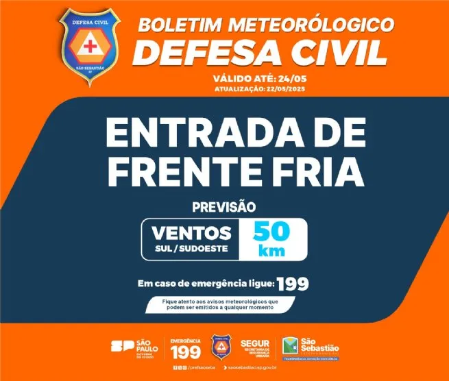 Defesa Civil alerta para chegada de frente fria e ventos de 50 km/h