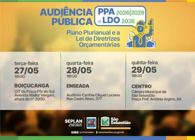São Sebastião realiza audiências públicas e consulta on-line para elaboração do PPA 2026–2029 e LDO 2026