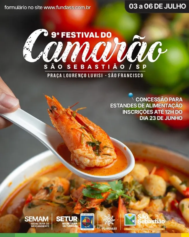 Prefeitura abre inscrições para concessão de estandes do Festival do Camarão de São Sebastião 2025