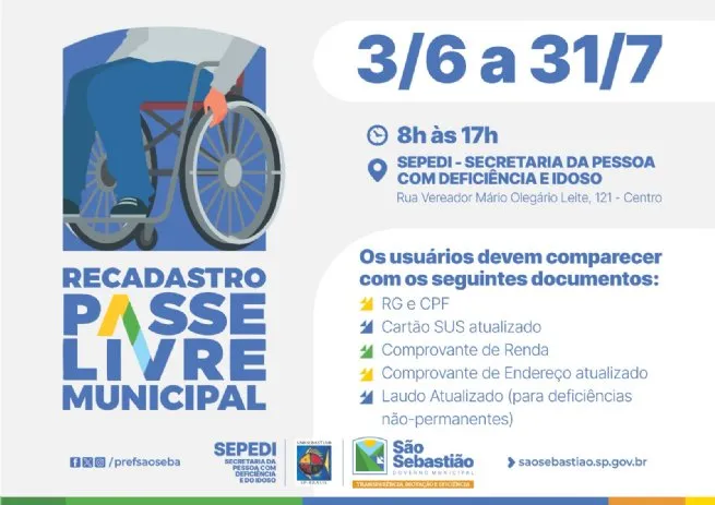 Prefeitura de São Sebastião inicia recadastro do Passe Livre para pessoas com deficiência