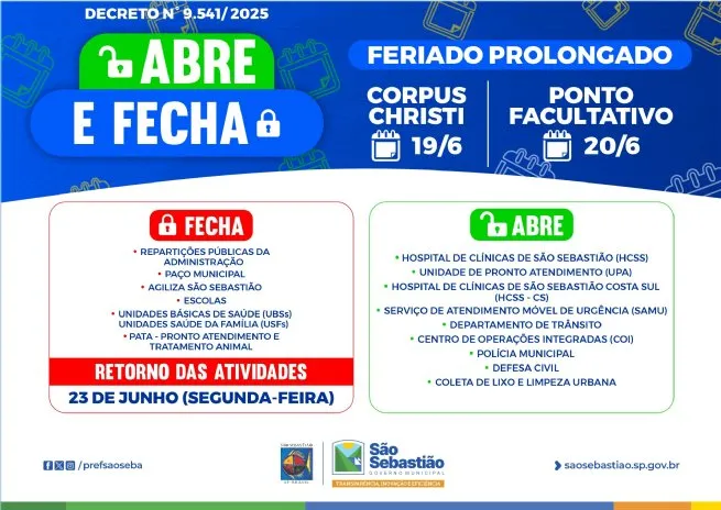 Serviços essenciais funcionam normalmente durante o feriado prolongado de Corpus Christi em São Sebastião