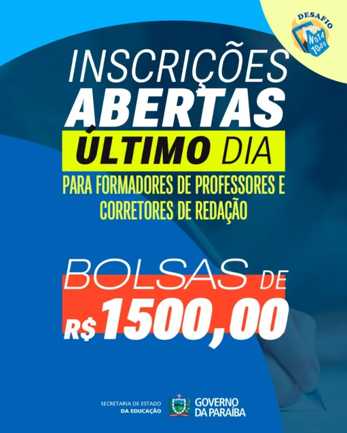 Desafio Nota 1000: encerram nesta quarta-feira (18) inscrições para professores formadores, avaliadores de redação e apoio técnico