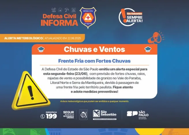 Frente fria chega com ventos fortes e risco de chuvas intensas em São Sebastião, alerta Defesa Civil