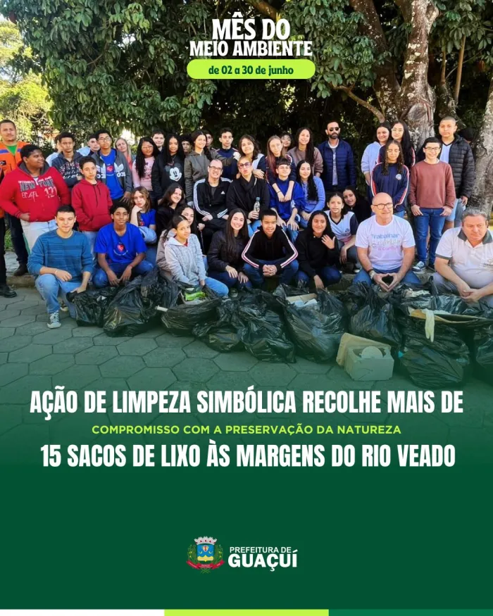 AÇÃO DE LIMPEZA SIMBÓLICA RECOLHE MAIS DE 15 SACOS DE LIXO ÀS MARGENS DO RIO VEADO EM GUAÇUÍ