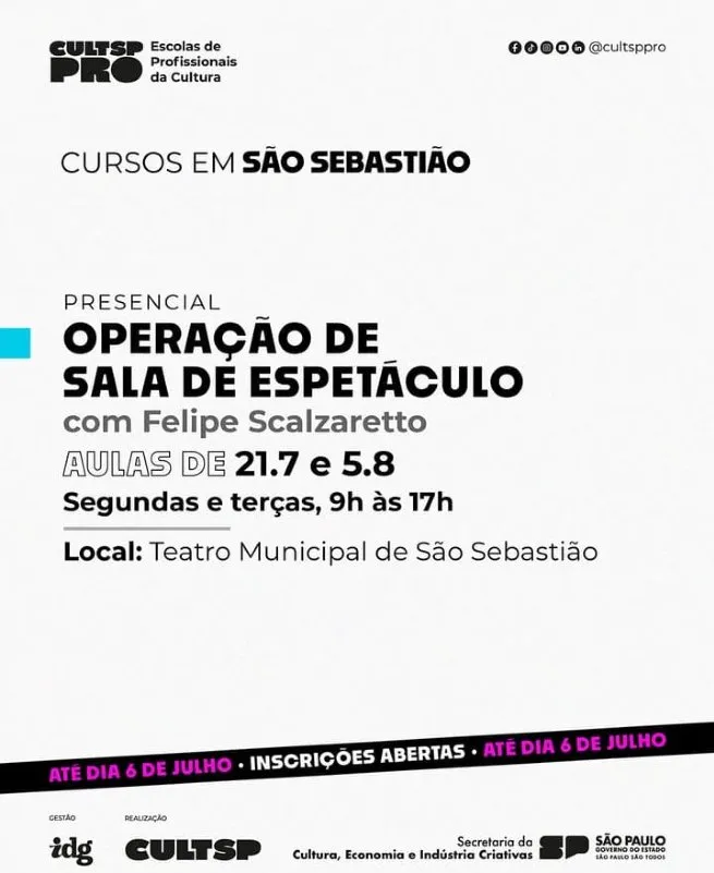 Curso gratuito de ‘Operação de Sala de Espetáculo’ está com inscrições abertas em São Sebastião