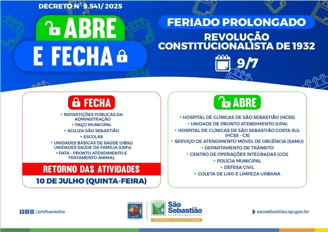Funcionamento dos Serviços Públicos no Feriado de 9 de Julho