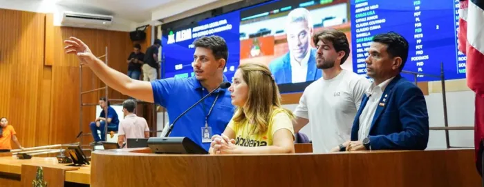 Presidente Iracema Vale e os deputados Davi Brandão e Welligton do Curso ouvem, atentos, as explicações do técnico no Plenário Nagib Haickel