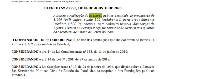 Governo do Piauí autoriza novo concurso público com mil vagas para a Secretaria de Saúde