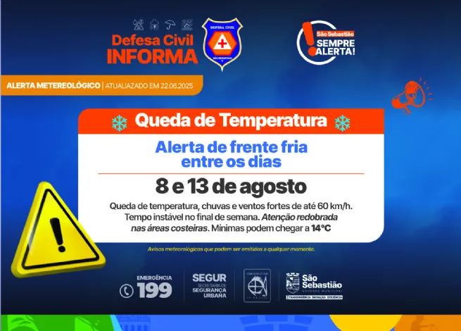Prefeitura de São Sebastião alerta para chegada de frente fria com ventos fortes e possibilidade de chuva