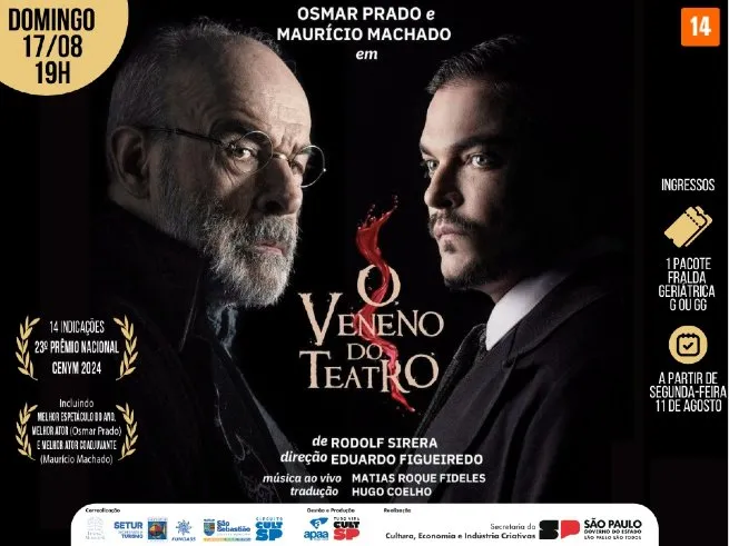 Espetáculo ‘O Veneno do Teatro’, com Osmar Prado e Maurício Machado, é atração no Teatro Municipal de São Sebastião