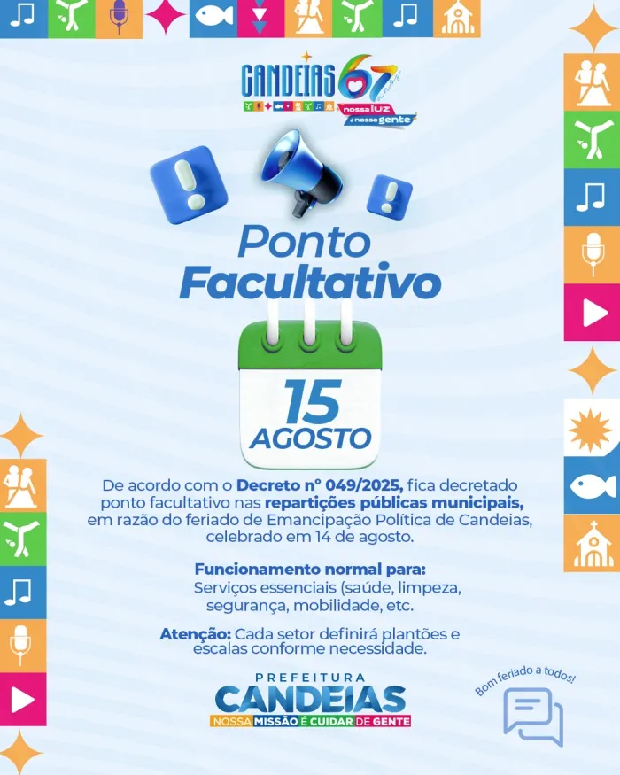 Candeias: Prefeitura decreta ponto facultativo na sexta-feira (15), após aniversário da cidade