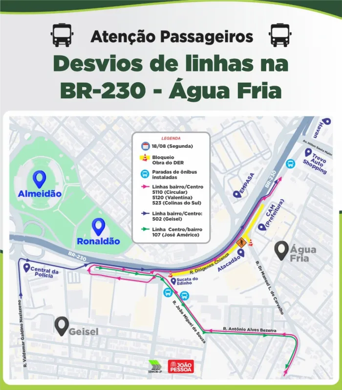 Obras do DER no Viaduto Luciano Agra provocam desvios em linhas de ônibus a partir desta segunda-feira