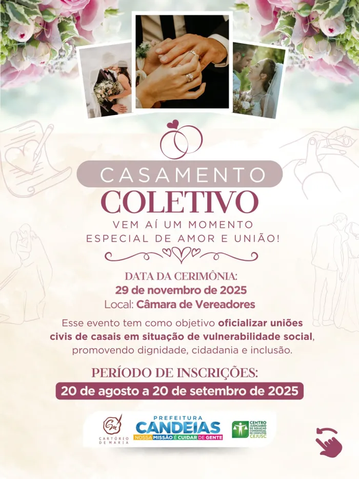 CEJUSC e CARTÓRIO de Candeias promovem a primeira edição do casamento coletivo, com inscrições a partir desta quarta (20)